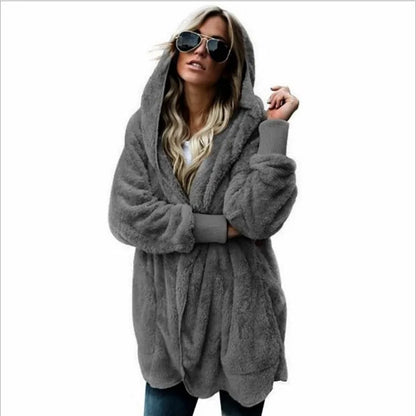 Women’s Double-Fleece Hooded Cardigan Jacket – Solid Color Plush Warm Coat with Long Sleeves, Oversized Autumn & Winter Outerwear