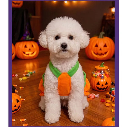 Halloween Pumpkin Pet Dress – Adjustable Washable Overall Costume for Small Dogs & Cats, Funny Scary Trick-or-Treat Outfit for Puppies
