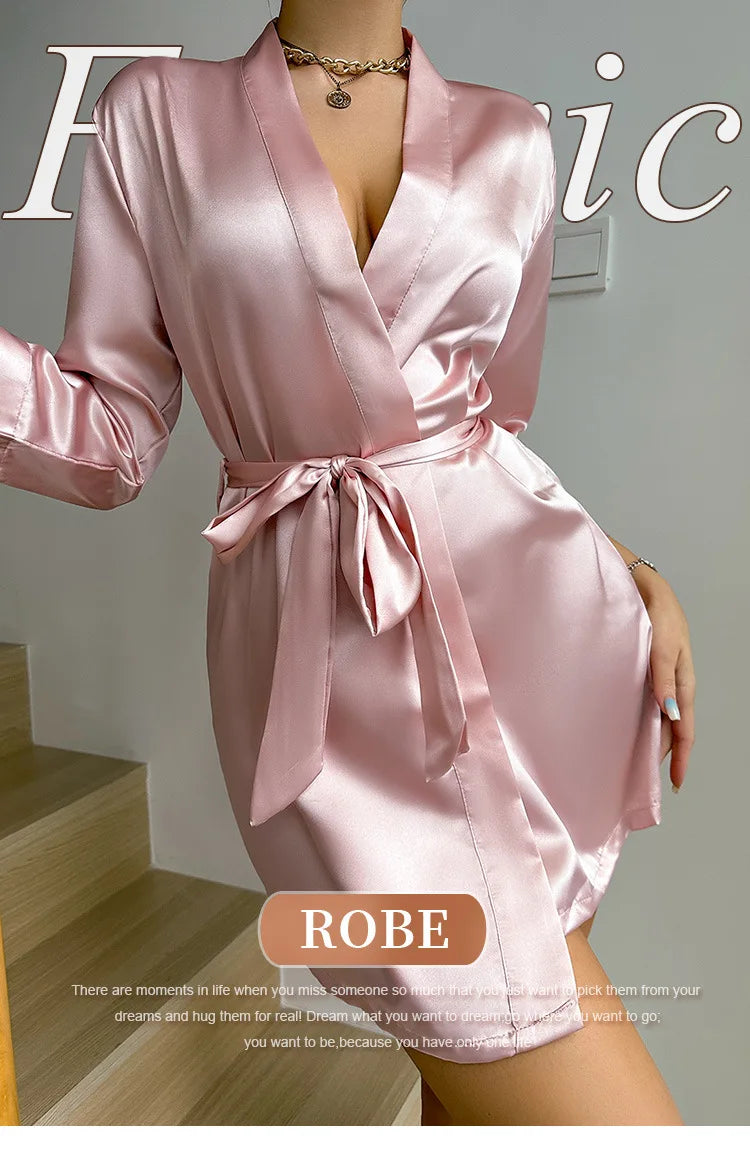 Women’s Summer Ice Silk Robe – Sexy Lace-Up Bathrobe Morning Gown Home Dress Loungewear