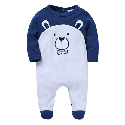 Spring Baby Boy Cotton Romper – Blue Bear Print Knit Jumpsuit & Newborn Overalls Pajamas, Soft Casual Outfit for Infants & Toddlers