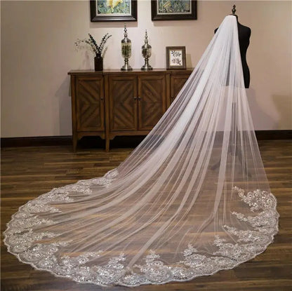 Luxury Cathedral Wedding Veil – Long Lace Edge Bridal Veil with Appliqué Sequins | White/Ivory One-Layer Veil with Comb for Bride