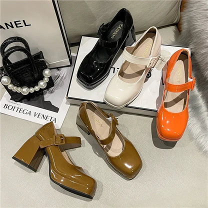Women's Platform Square Toe Pumps – 7cm Chunky Heel High Heels in Orange, Non-Slip Dress Shoes with Big Size Options