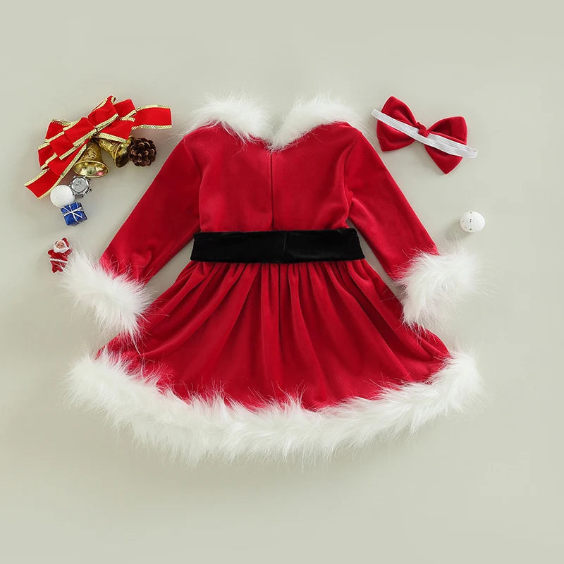 Toddler Girls Christmas A-Line Dress, Long Sleeve O-Neck Plush Trim Holiday Dress with Belt and Matching Headband, Cute Santa Claus Outfit for Xmas Parties, Festive Celebrations and Winter Photoshoots