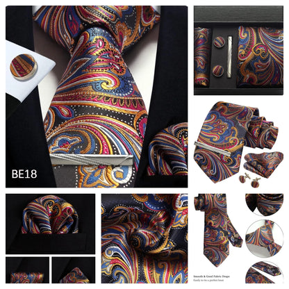 Corbata de seda 100% con diseño floral de Paisley para hombre con pañuelo de bolsillo, pasador de corbata y gemelos en caja de regalo