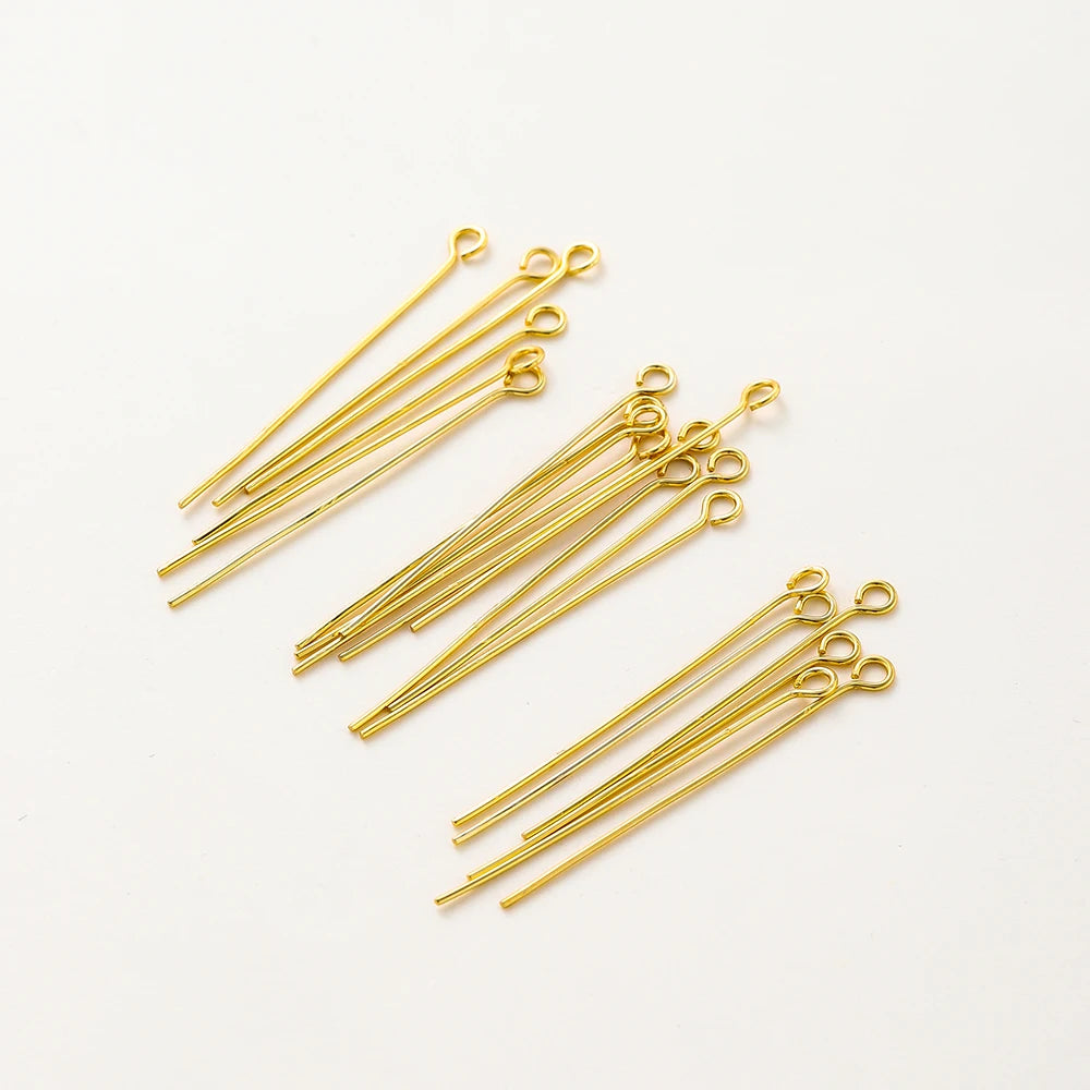 100-Piece 14K & 18K Gold Plated Brass Head Pins Set (16–50mm) – Ball, Flat & Eye Pins for DIY Jewelry Making & Crafts