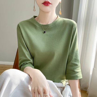 Camiseta de algodón mercerizado para mujer, manga corta, cuello redondo, top básico suave de verano