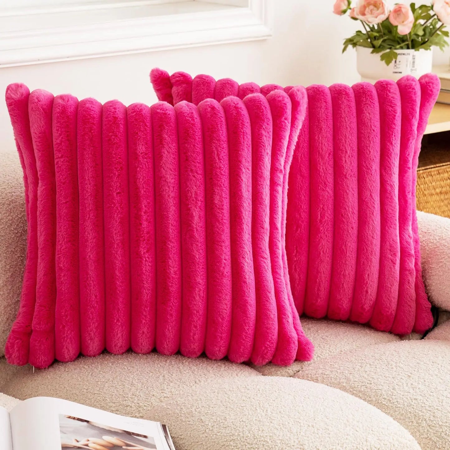 Faux Rabbit Fur Throw Pillow Cover - Ultra Soft Striped Decorative Cushion Cover for Sofa, Bed & Living Room (40x40 & 45x45 cm)