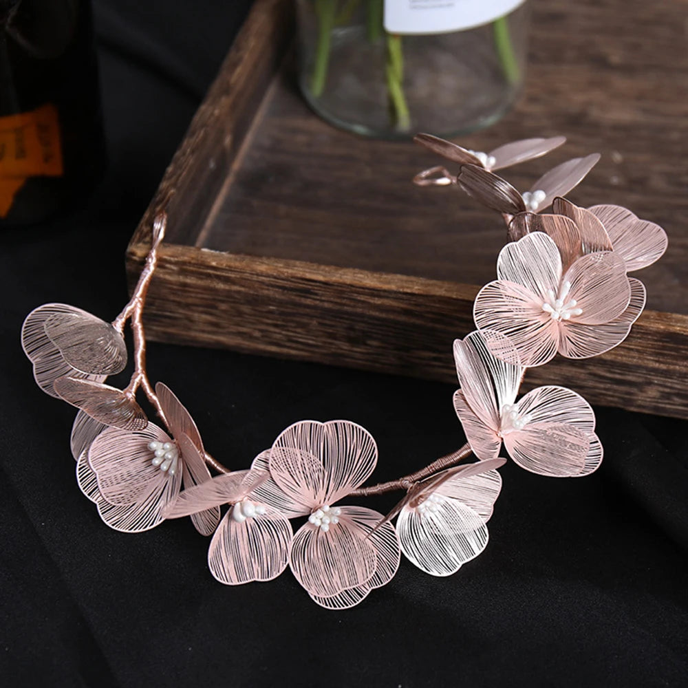 Vintage Gold Floral Bridal Headband with Pearls – Fairy Wedding Tiara for Brides, Prom & Special Occasions