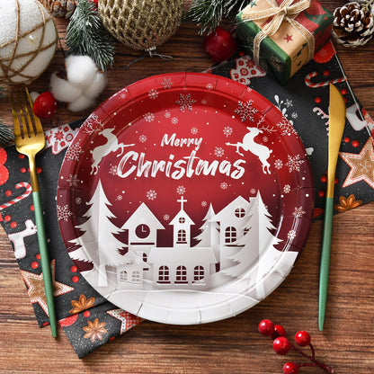9-Inch Merry Christmas Paper Plates – Santa Claus, Christmas Tree & Elk Round Disposable Plates for Xmas Party & Table Decor