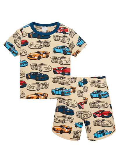 Boys 100% Cotton Car Print Pajama Set Soft Short Sleeve 2-Piece Sleepwear for Kids 1–8 Years