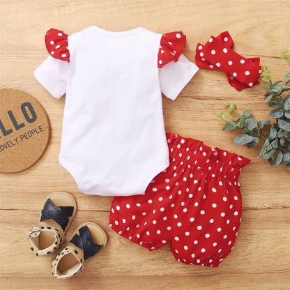 Baby Girl 3PCS Summer Outfit Set – Short Sleeve Bodysuit, Polka Dot Shorts & Headband for Infants