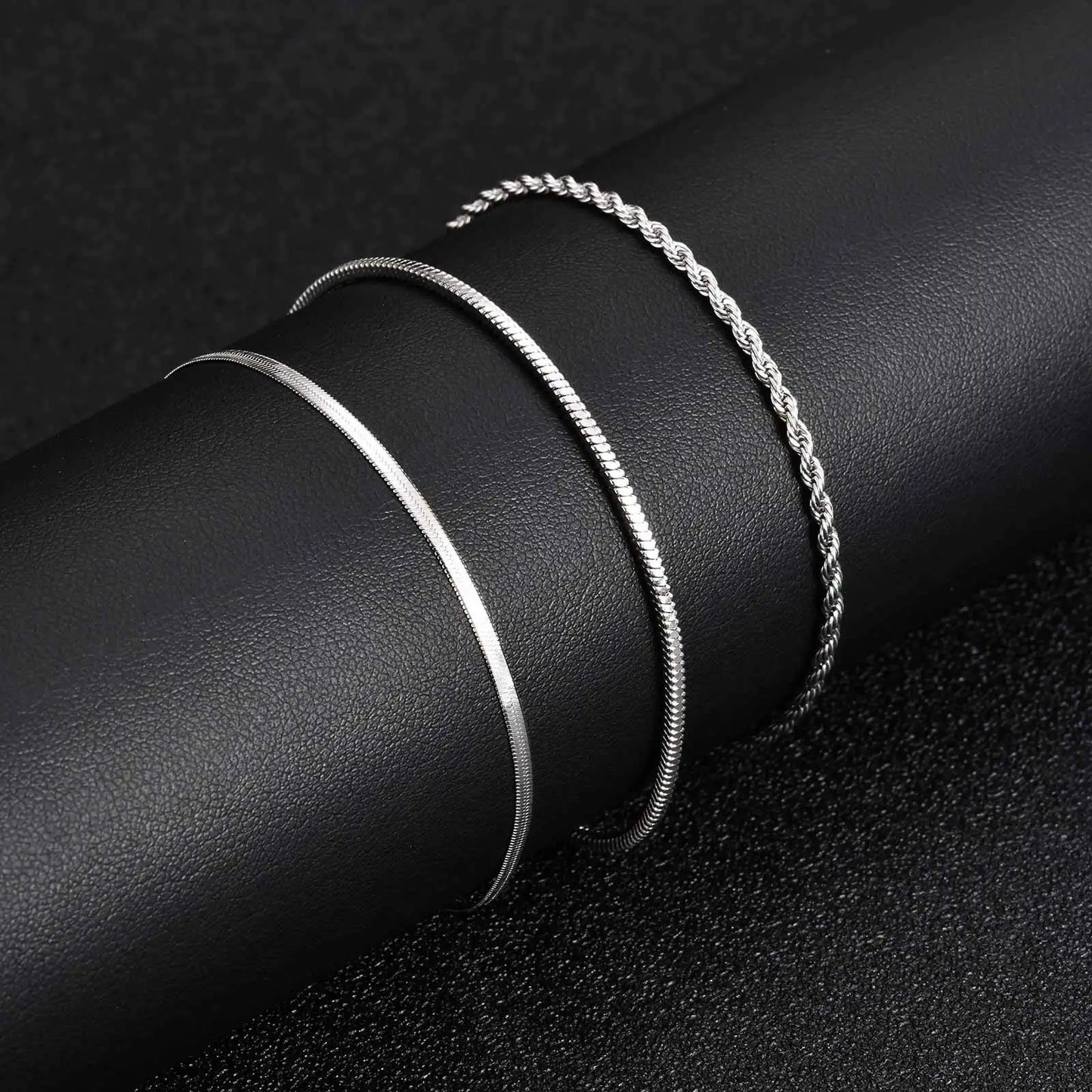 3-Piece Silver Twist Chain Bracelet Set – Never Fade Thin Chain Wristband for Men | Punk Fashion Jewelry Gift for Husband, Father & Son