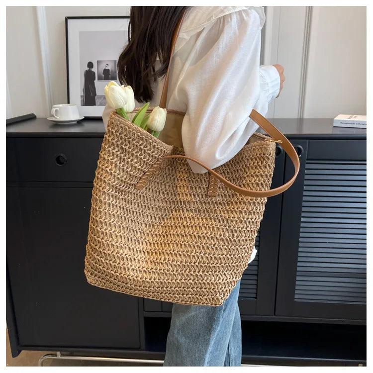 Bolso de Hombro de Paja Tejido a Mano para Mujer – Bolso Tote Bohemio de Verano para Playa, Bolso de Mano Tejido a la Moda 2025 para Viajes, Compras, Vacaciones y Uso Diario Casual