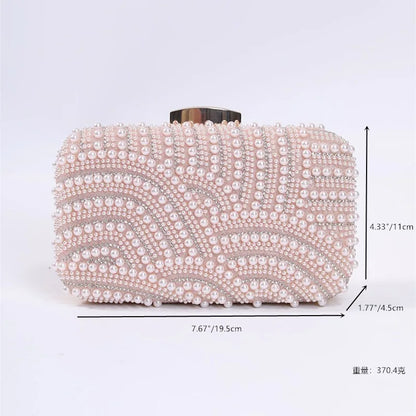 Elegant Pearl Evening Clutch Bag for Women Beaded Wedding Party Purse with Long Chain Strap