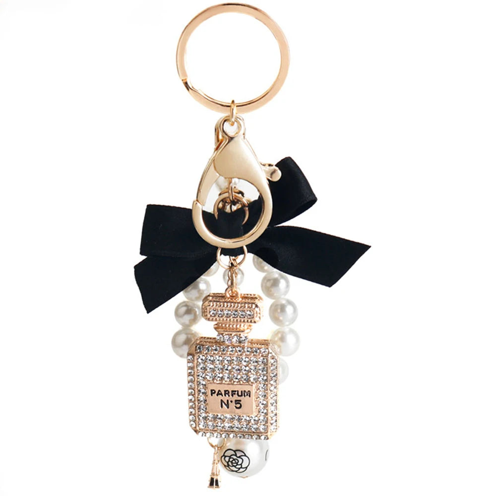 Imitation Pearl Perfume Bottle Keychain – Cute Bow Car Key Ring & Fashion Bag Charm Accessory for Women and Girls