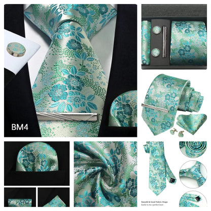 Corbata de seda 100% con diseño floral de Paisley para hombre con pañuelo de bolsillo, pasador de corbata y gemelos en caja de regalo