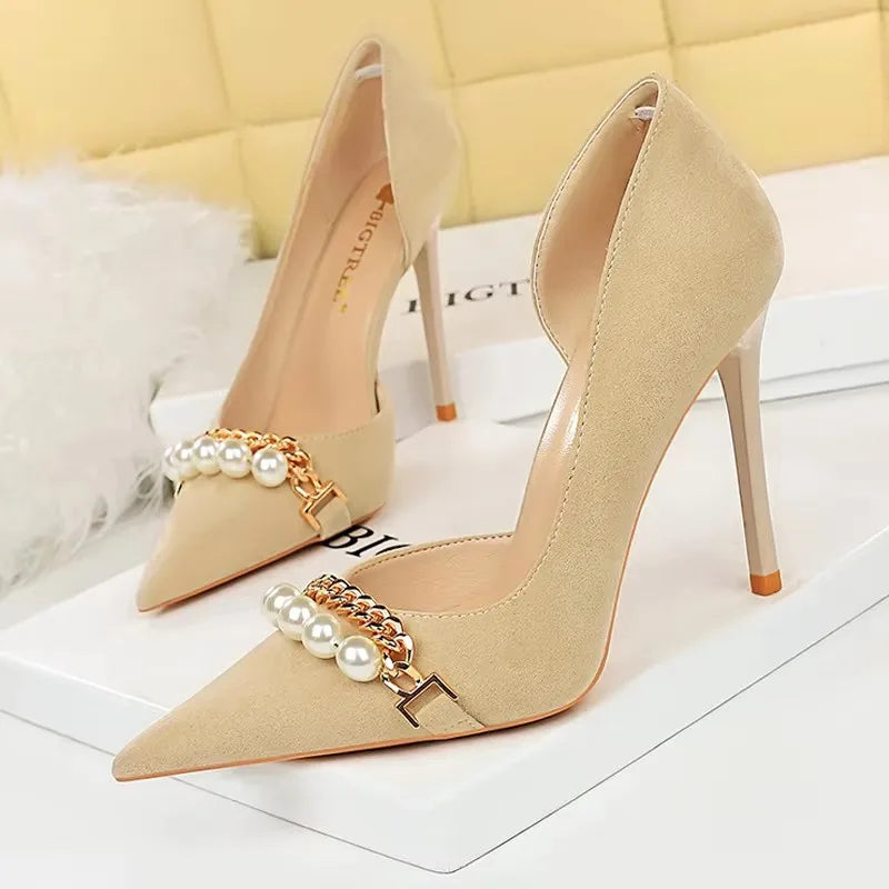 BIGTREE Escarpins à talons aiguilles et chaîne de perles de luxe pour femme – Idéal pour mariage, soirée et banquet