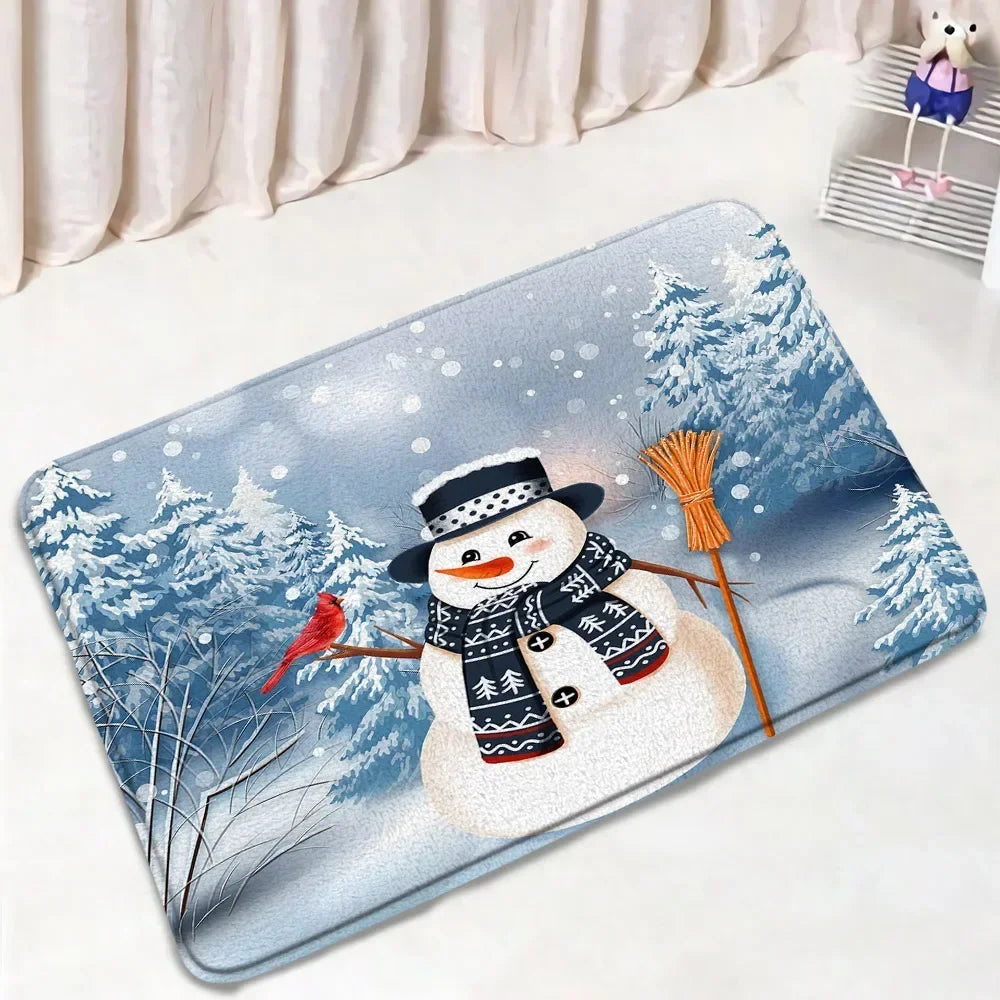 Funny Christmas Bath Mat Set – Cute Snowman, Santa Claus, Red Ball & Xmas Tree Bathroom Rugs with Toilet Lid Cover