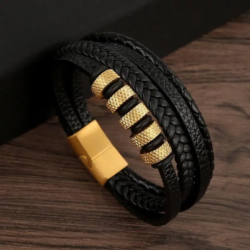Pulsera de cuero clásica para hombre – Pulsera multicapa tejida a mano para hombre | Accesorio de joyería de moda casual, regalo