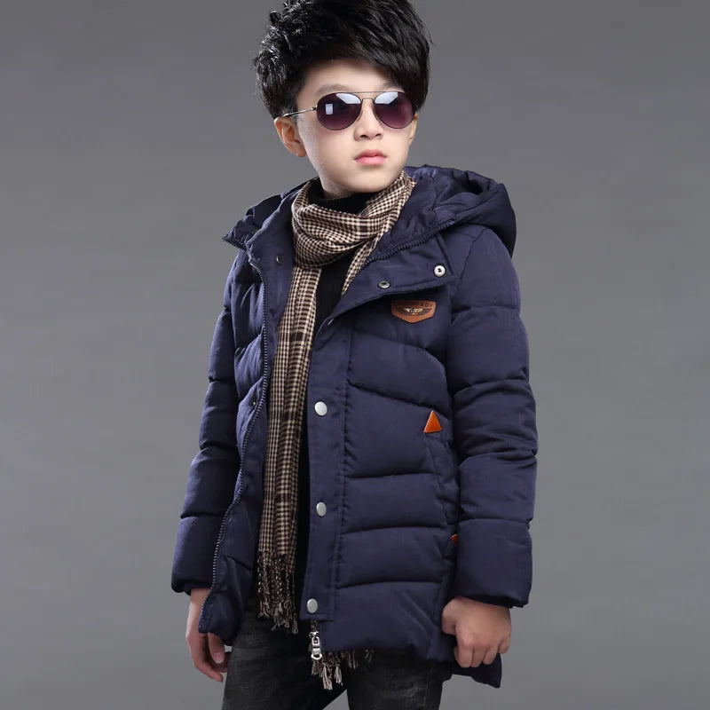 Boys Winter Hooded Jacket Ages 5-14, Warm Slim Fit Long Coat for Kids, Fashionable Windproof Outdoor Outerwear for Teen Boys
