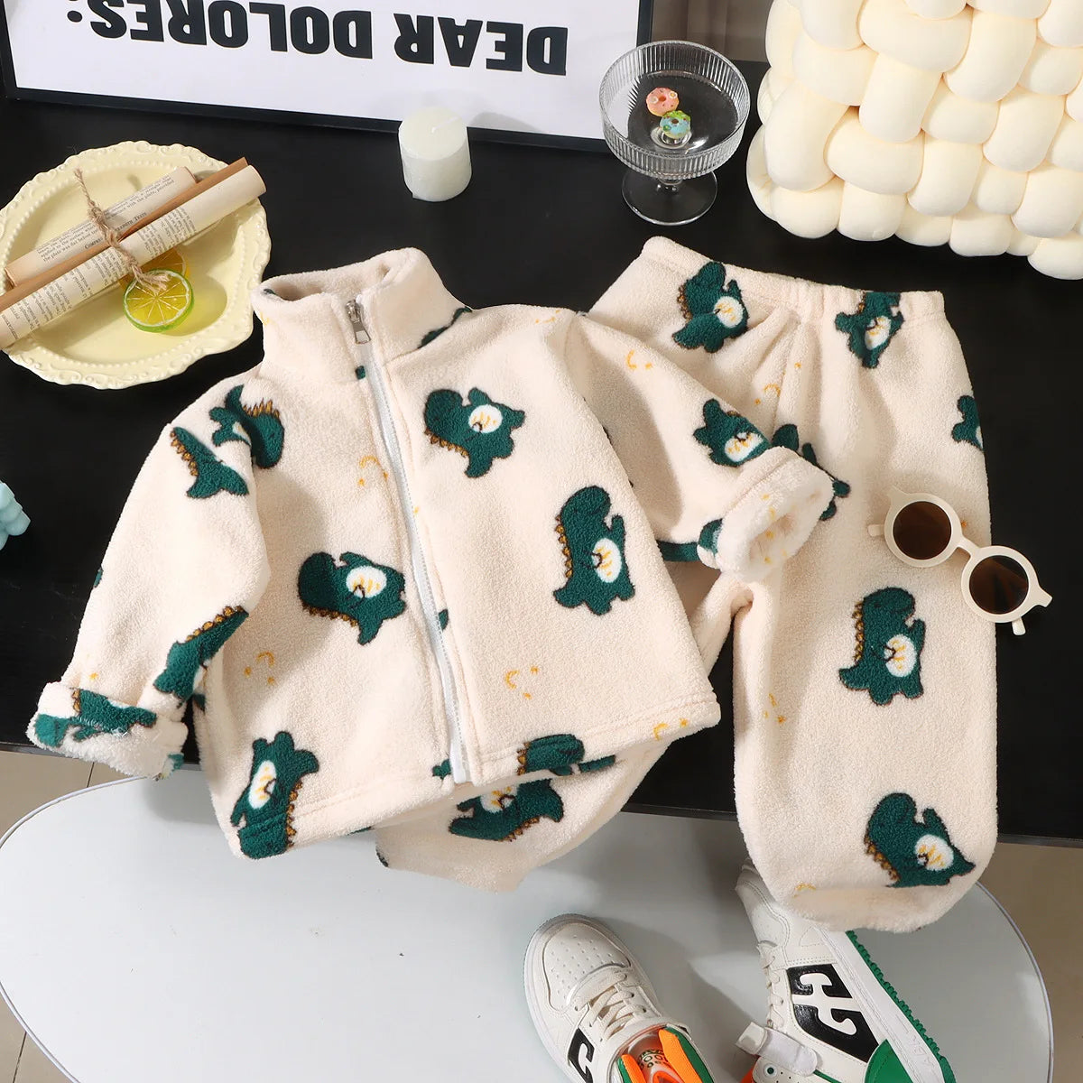 Kids Flannel Pajama Set 2-Piece, Thick Warm Winter Sleepwear for Boys and Girls, Floral and Leopard Print Zipper Top with Matching Pants