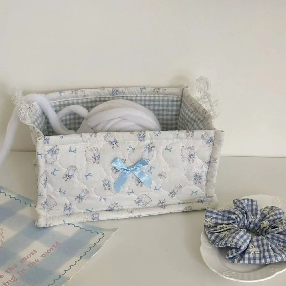 Cute Quilted Lace Storage Basket – Korean Desktop Organizer Bin for Cosmetics, Toys, Sundries & Home Décor