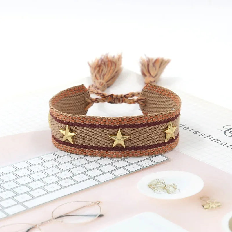 Bohemian Star Tassel Bracelet – Handmade Woven Alloy Gold Rivet Wrist Strap for Women | Ethnic Fashion Jewelry Gift