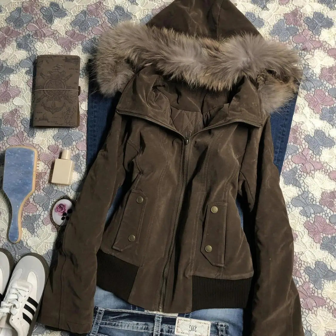 Women’s American Vintage Harajuku Jacket – Brown Fur Collar Hooded Short Coat, Gothic Winter Streetwear & Casual Fashion Outerwear
