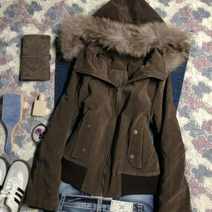Women’s American Vintage Harajuku Jacket – Brown Fur Collar Hooded Short Coat, Gothic Winter Streetwear & Casual Fashion Outerwear