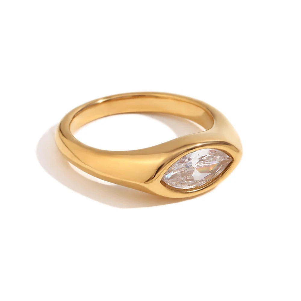 18K Gold Plated Horse Eye Zircon Signet Ring – Hypoallergenic 316L Stainless Steel Colorful Statement Ring for Women
