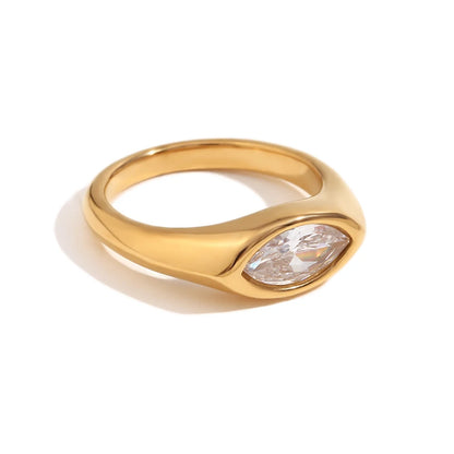 18K Gold Plated Horse Eye Zircon Signet Ring – Hypoallergenic 316L Stainless Steel Colorful Statement Ring for Women