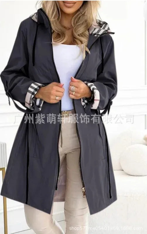 Women’s Hooded Plaid Trench Coat – Long-Sleeve Casual Cardigan Jacket, Solid Color Streetwear Outerwear for Autumn & Winter