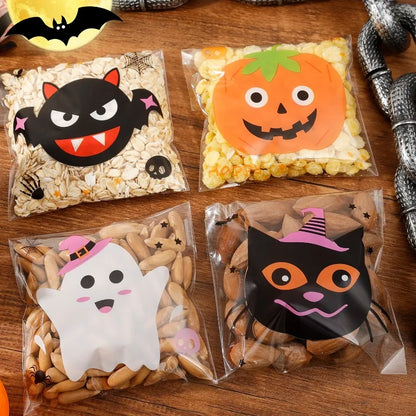 100/500PCS Halloween Candy Bags – Spooky Self-Adhesive Plastic Treat Bags for Candy, Cookies & Snacks, Kids’ Gifts, Trick-or-Treat & Halloween Party Decor