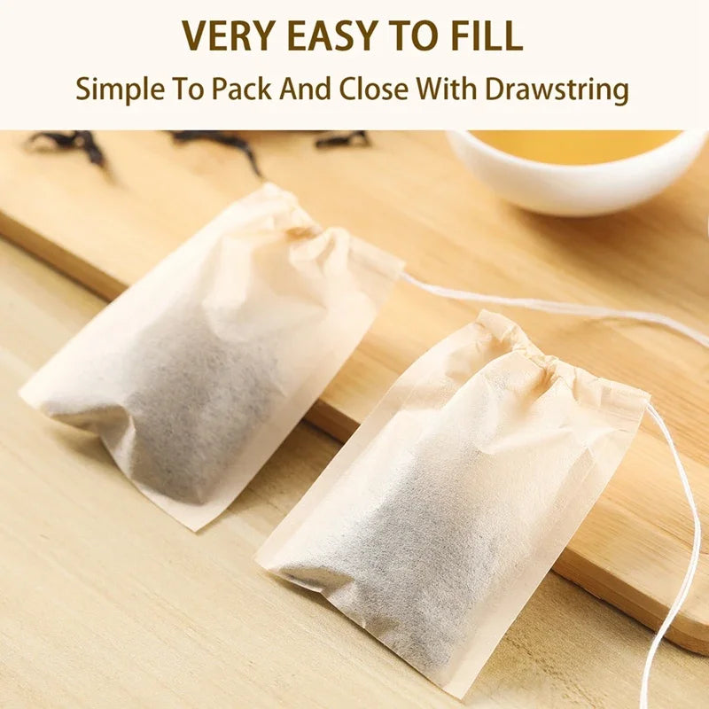 100pcs Empty Tea Bags with Drawstring – Disposable Filter Bags for Loose Leaf Tea, Coffee Beans, Herbal Powder & Spices, Biodegradable Paper Tea Strainer Bags for Home Brewing