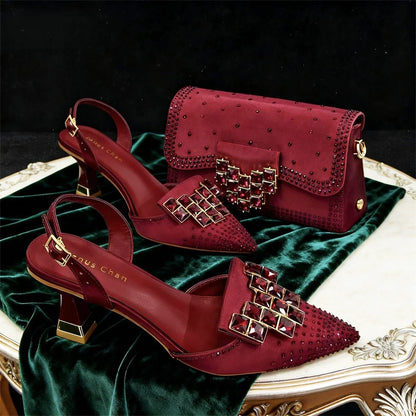 Women’s Olive Green Rhinestone Heels & Matching Bag Set – Italian-Inspired Pointed Toe High Heels for Parties, Weddings & Special Occasions