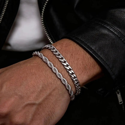 2-Piece Men's Chain Bracelet Set – Stainless Steel Twist Rope & Cuban Link Wristbands in Silver, Gold & Black | Fashion Jewelry Gift