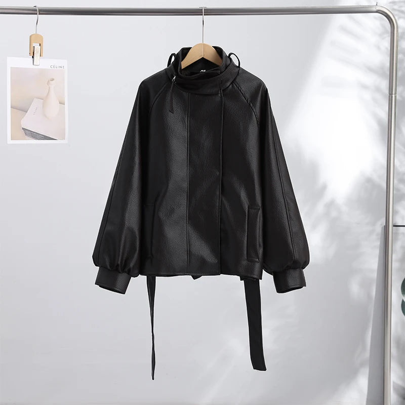 Women’s PU Leather Jacket – High Neck Long-Sleeve Coat with Single-Breasted Closure & Belted Loose Fit, Chic Autumn Outerwear