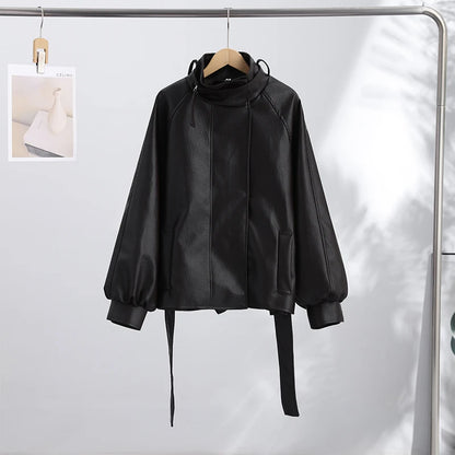 Women’s PU Leather Jacket – High Neck Long-Sleeve Coat with Single-Breasted Closure & Belted Loose Fit, Chic Autumn Outerwear