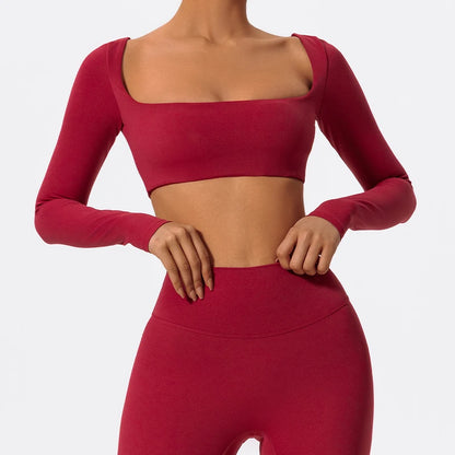 Women’s Square Neck Sports Crop Top – Long Sleeve Quick-Dry Gym Yoga Fitness Activewear