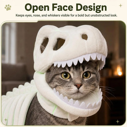 Glow-in-the-Dark Dinosaur Skeleton Pet Costume – Soft Fluffy Dinosaur-Shaped Halloween Role-Play Outfit for Cats & Small Dogs