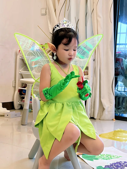 Tinker Bell Fairy Dress for Girls – Fantasy Forest Elf Green Leaf Cosplay Costume for Baby & Kids, Halloween Dress-Up