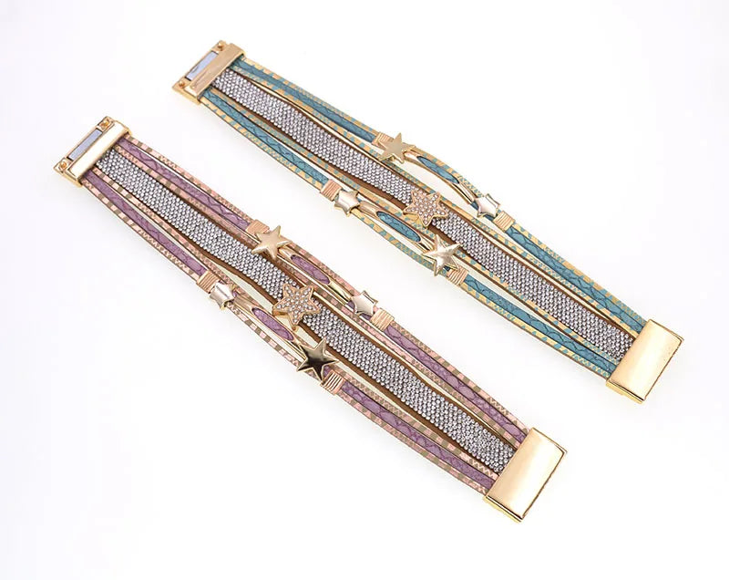 Pulsera de cuero WELLMORE con dije de estrella – Pulsera bohemia de aleación de zinc para mujer | Regalo de joyería de moda en capas