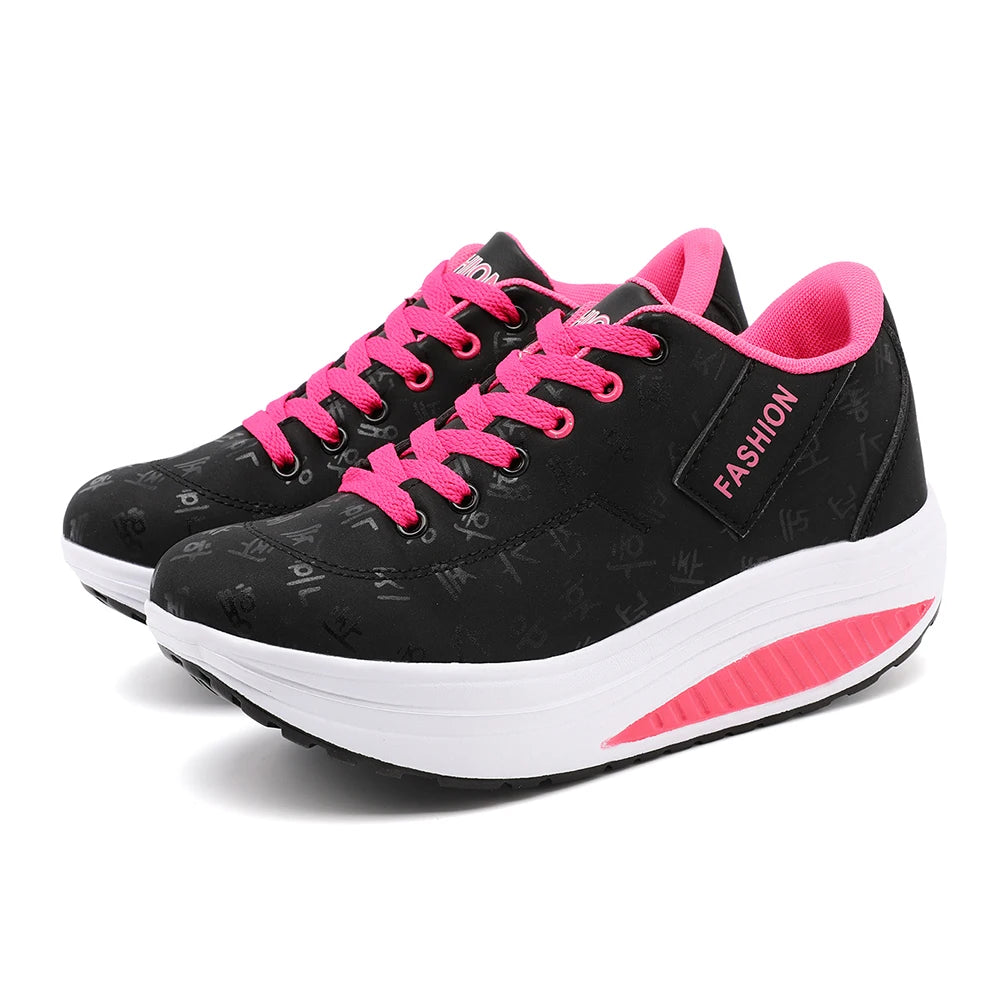 Zapatillas deportivas de mujer con cuña – Calzado deportivo casual transpirable con cordones, suela gruesa, zapatos cómodos para caminar