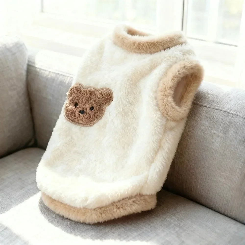 Soft Teddy Bear Dog Sweater – Warm Plush Pet Hoodie with Bear Pattern & Leash Hook, Cozy Cold Weather Clothing for Dogs & Cats