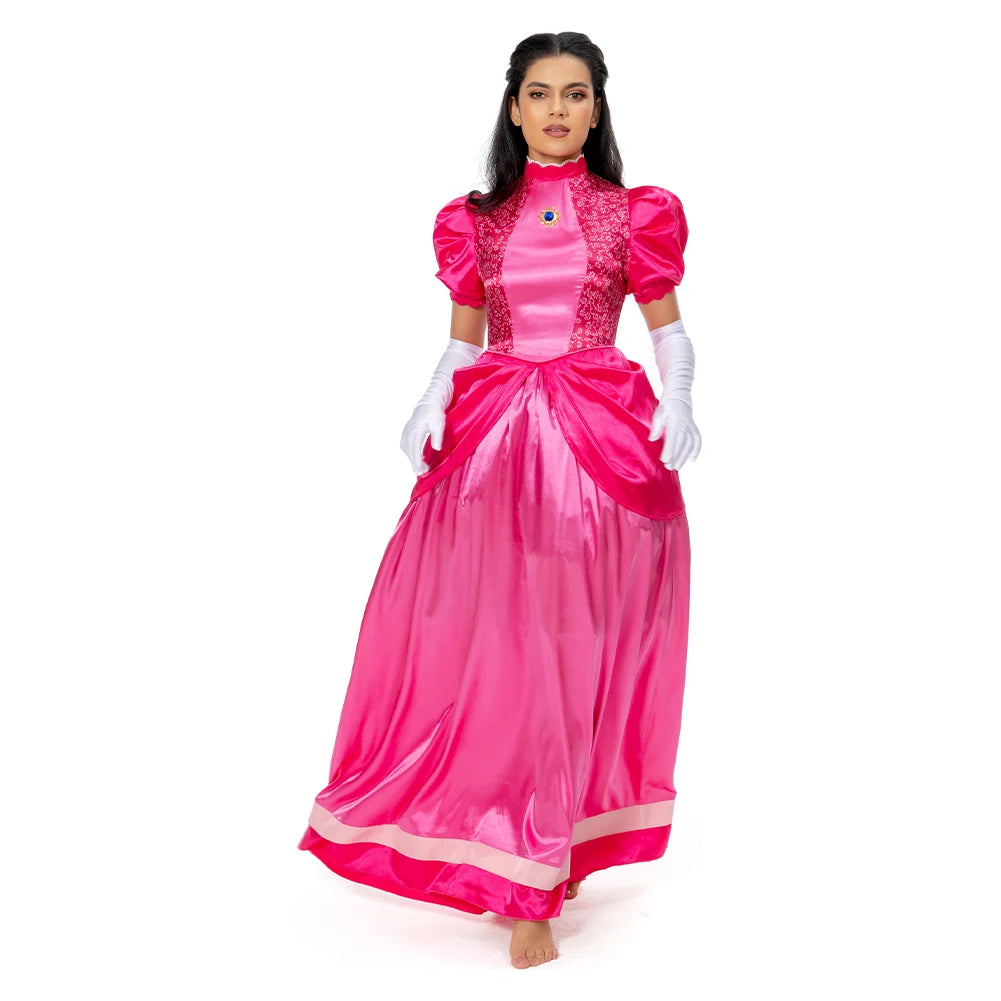 Princess Peach Cosplay Costume – Pink Fantasy Dress Set with Crown (Adult Women Halloween/Carnival Party Outfit, Includes Swimsuit Style Disguise)