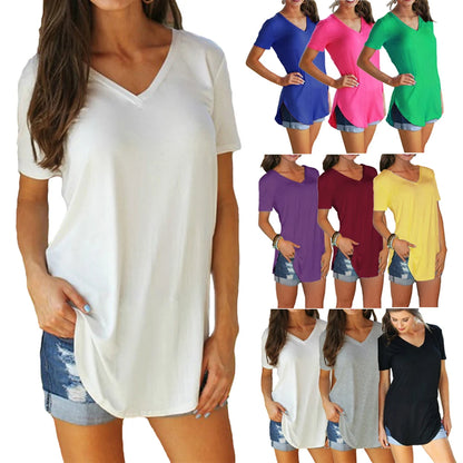 Women's Summer V-Neck Blouse – Solid Color Short-Sleeve Loose T-Shirt with Curved Hem, Casual Lightweight Top for Everyday Wear