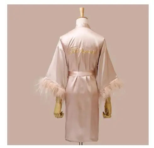 Women’s Feather Satin Robe – Bride Bridesmaid Wedding Kimono Bathrobe V-Neck Nightgown Lingerie