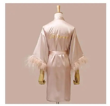 Women’s Feather Satin Robe – Bride Bridesmaid Wedding Kimono Bathrobe V-Neck Nightgown Lingerie