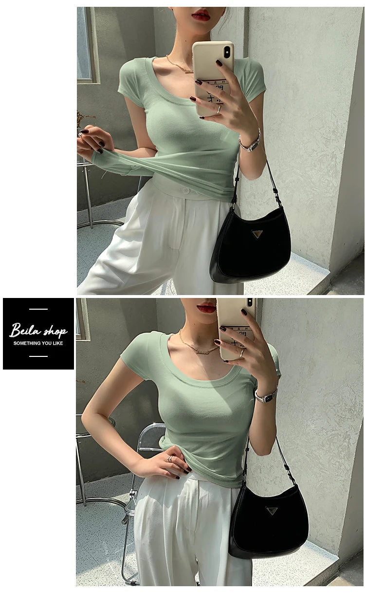 2026 Summer Women’s 100% Cotton Slim T-Shirt Casual Basic O-Neck Solid Korean Style Tee 16 Colors