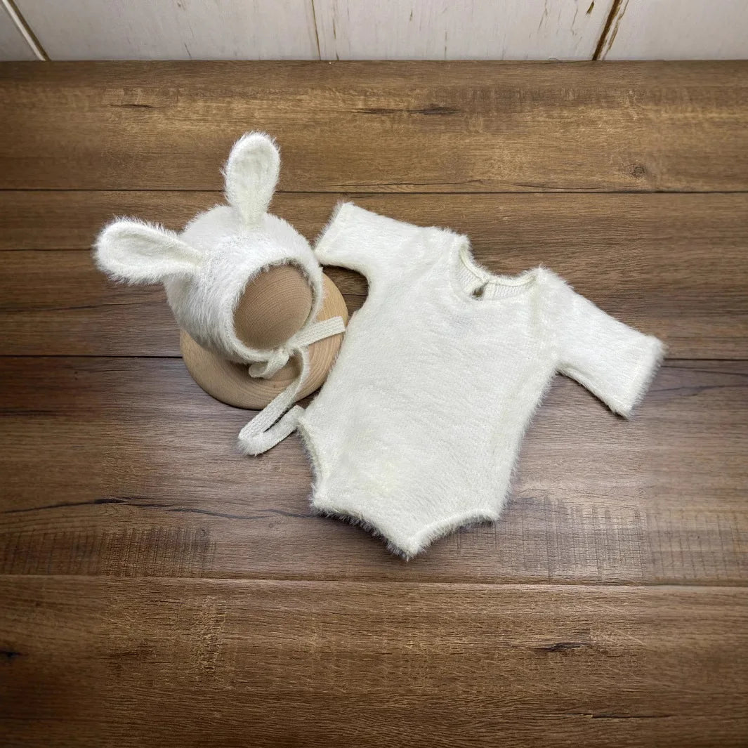 Newborn Photography Props Set – Knitted Rabbit Doll Outfit with Baby Cosplay Glasses, Cute Infant Photoshoot Accessories & Photo Studio Decor